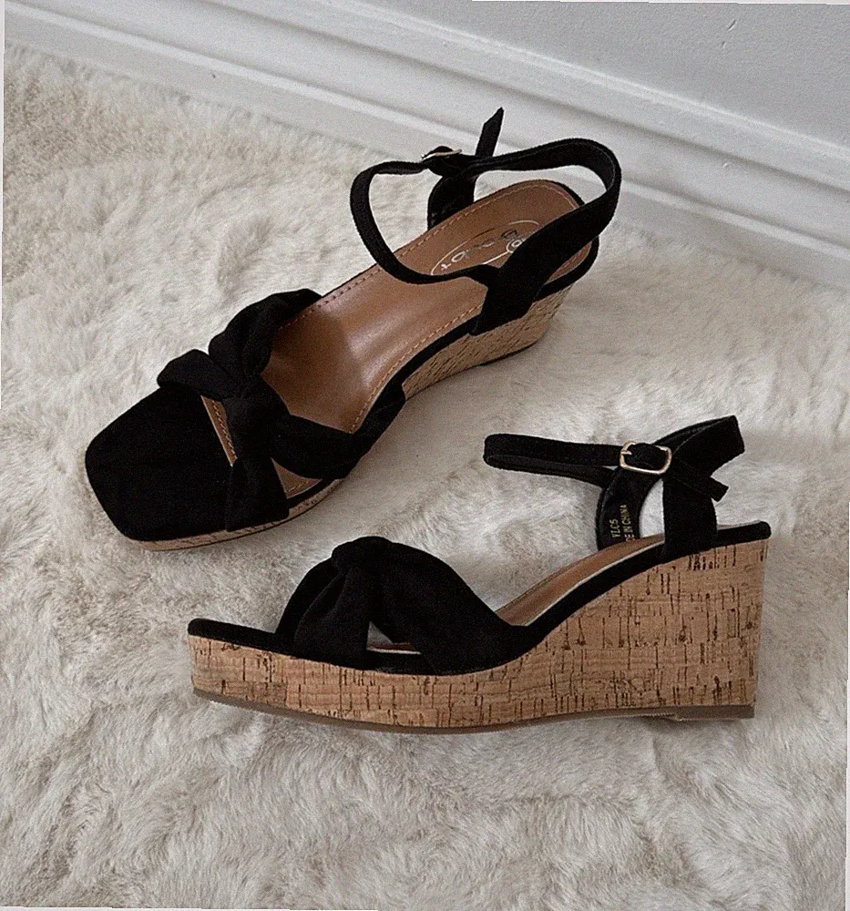 Damen-Sandalen schwarz Keilabsatz Knöchelriemen Schleife Knoten Kork Plateau Sommerschuhe 3-8