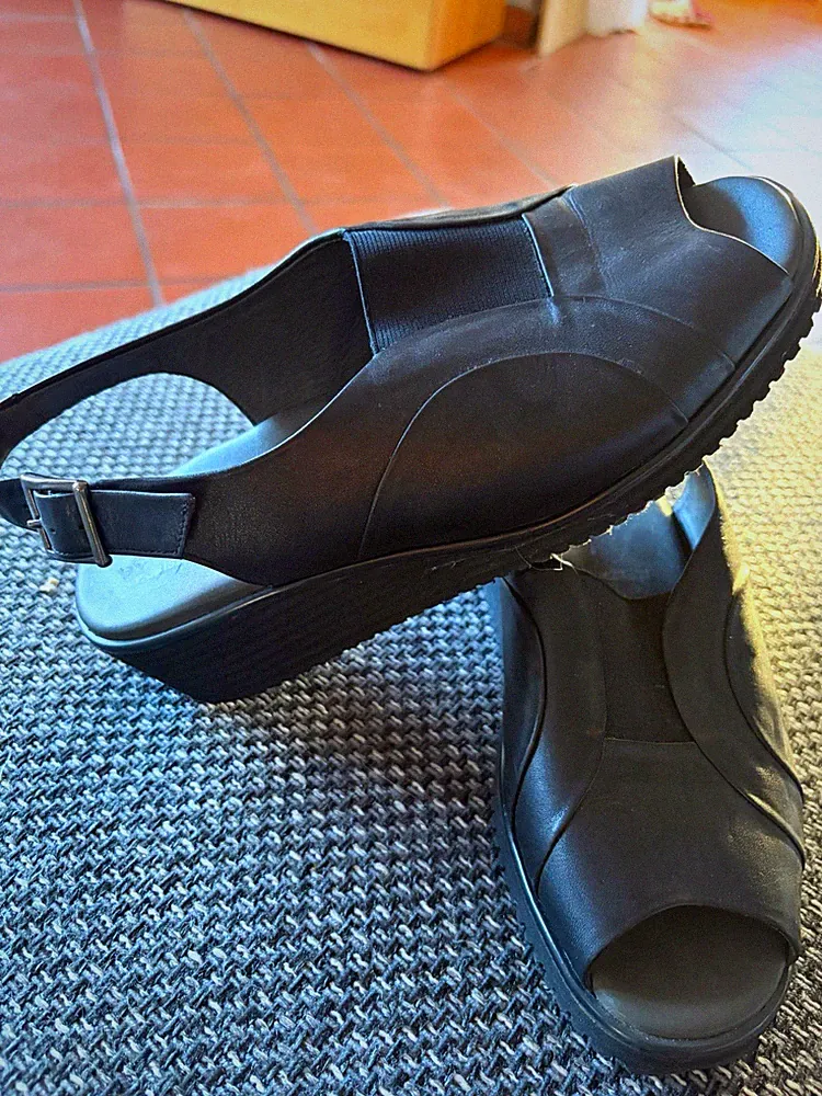Damen Sandalen Schwarz Leder EU 38,5 Weite H Keilabsatz Schnalle Echt Leder
