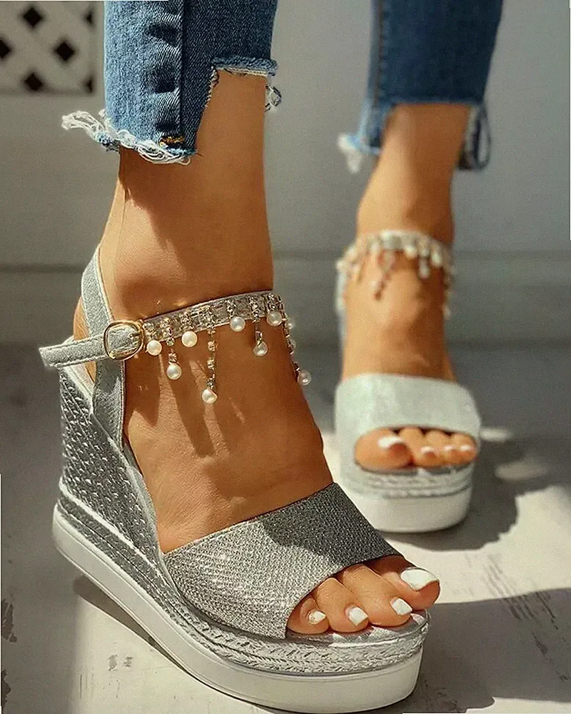 Damen Sandalen Silber 12 cm Absatz Keil-Plattform Kunstleder CZ045