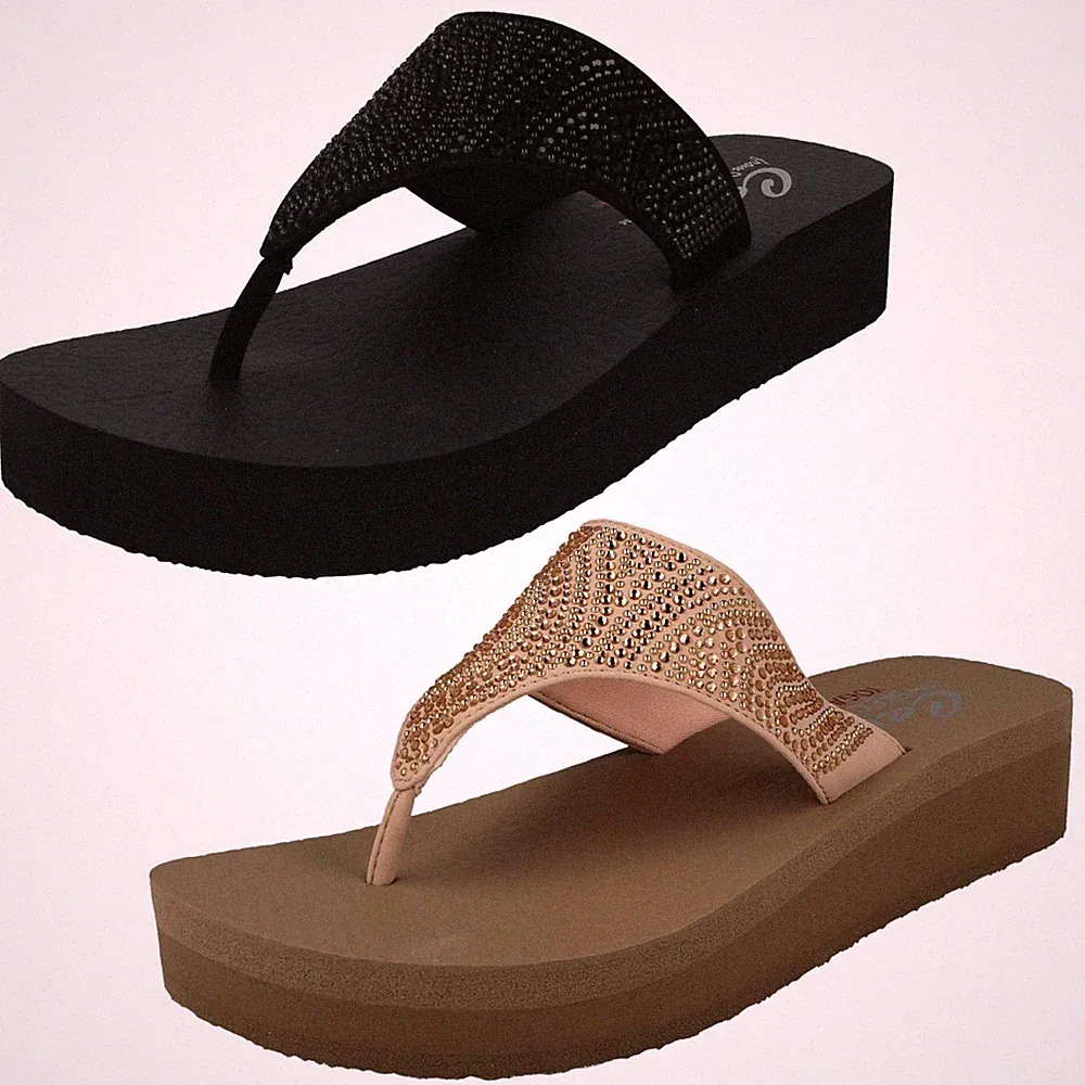 Damen-Sandalen Skechers Zehensteg Plateau Keilabsatz Sommer Freizeit Stone Candy 31614