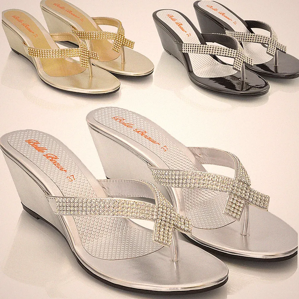 Damen-Sandalen Strass Keilabsatz Flip-Flops glitzernder Zehensteg Sommer 3–9