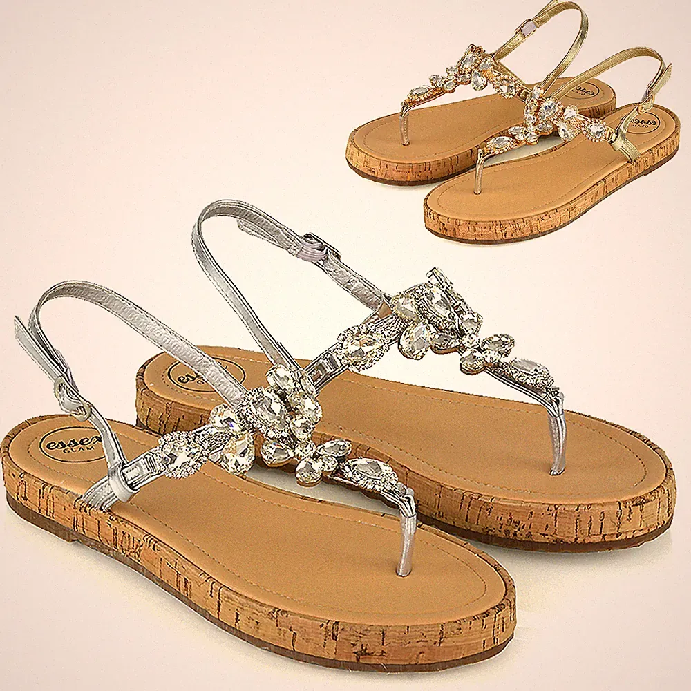 Damen-Sandalen T-Bar Riemen Kristall Diamanten Plateau Damen Sommerschuhe Größe