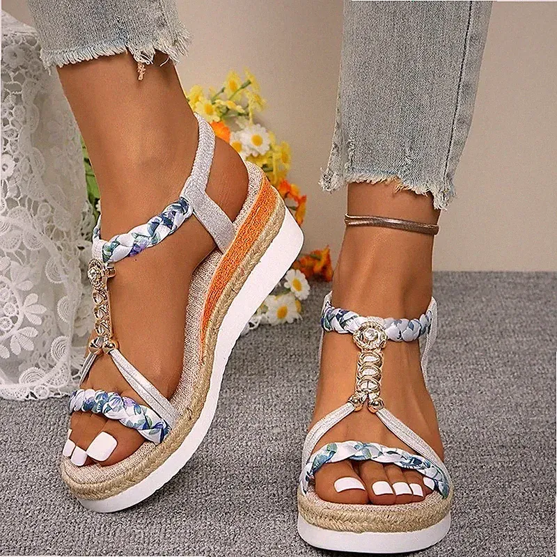 Damen-Sandalen T-Riemen Plateau Keilabsatz Gummizug offene Zehenpartie Sommerschuhe