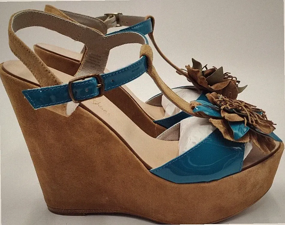 Damen Sandalen Tosca Blu Colette 40 Echt Leder 13cm Keil Absatz Blau Braun