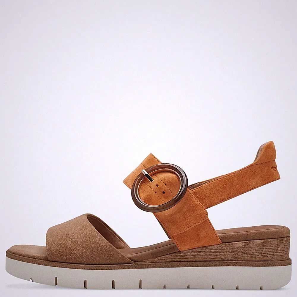 Damen Sandalen Wildleder braun und orange mit Riemen mittlerer Keilabsatz TAMARIS