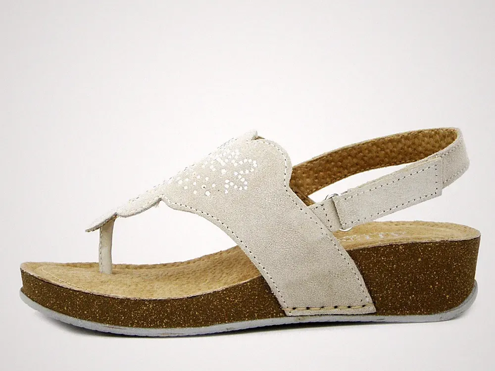 Damen Sandalen Zehentrenner 39 Leder Wildleder beige mit Riemen niedriger Keilabsatz ATEMA