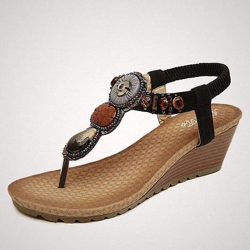 Damen Sandalen Zehentrenner Keilabsatz 6 cm schwarz Strass bequem Kunstleder 92079