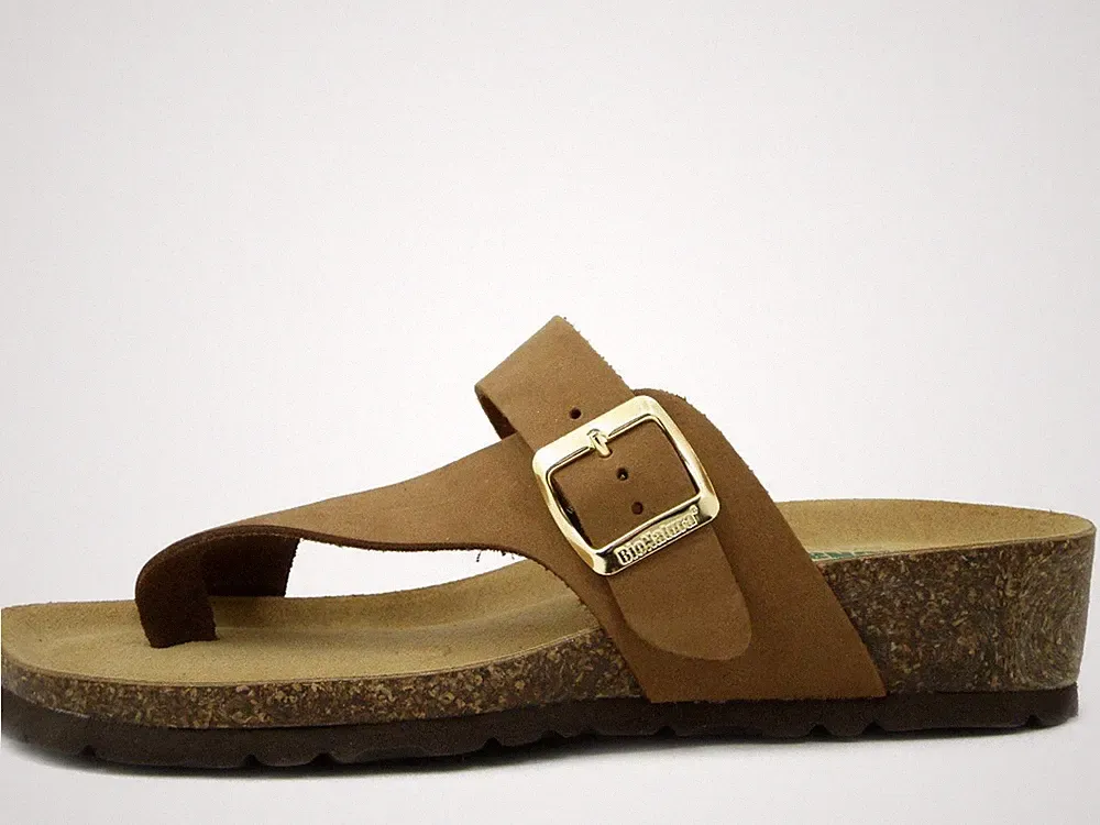 Damen Sandalen Zehentrenner Leder braun niedriger Keilabsatz 4 BIONATURA