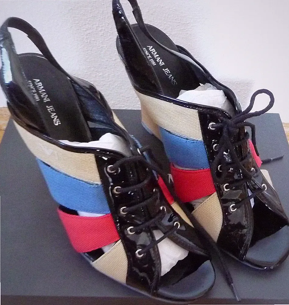 Damen Sandalette - Größe 41 - Stoff + Lackleder - Armani Jeans