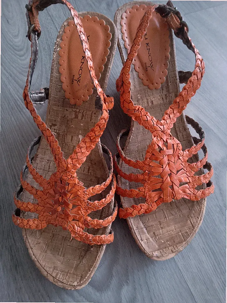 Damen Sandalette, Keilabsatz Holz, warmes Orange, Geflochten, Leder in Gr. 38