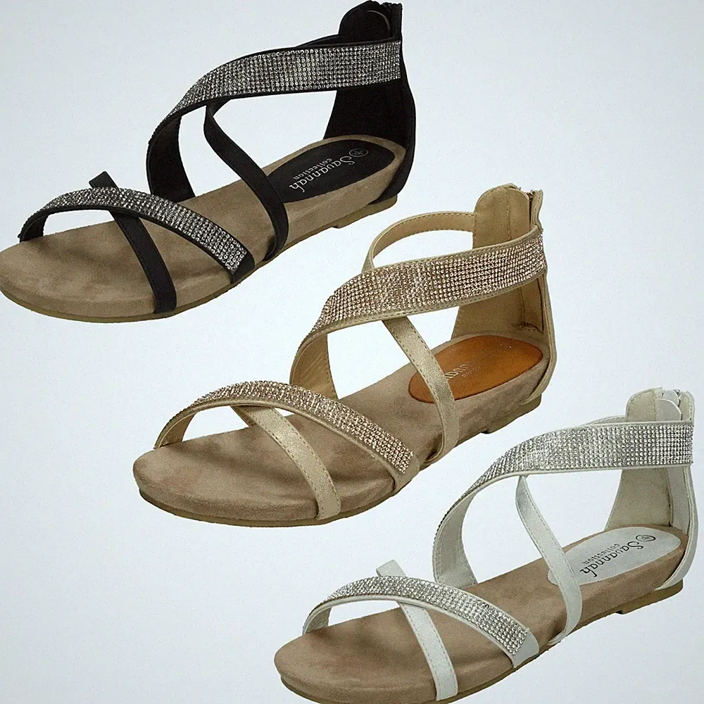 Damen Savannah Niedriger Keilabsatz Sandalen Mit Diamantbesatz Und X-Riemen