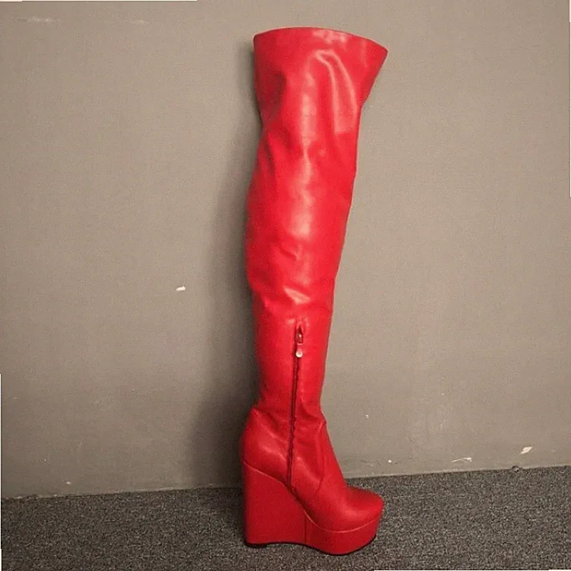 Damen Schenkelhoch Stiefel Keilabsatz Plateau Reißverschluss Nachtclub Pumps 45