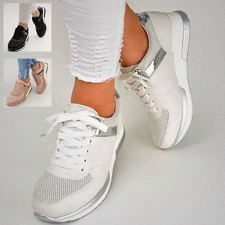 Damen Schuhe Sneaker Weiß Rose Schwarz Glitzer Sport Freizeitschuhe Keilabsatz