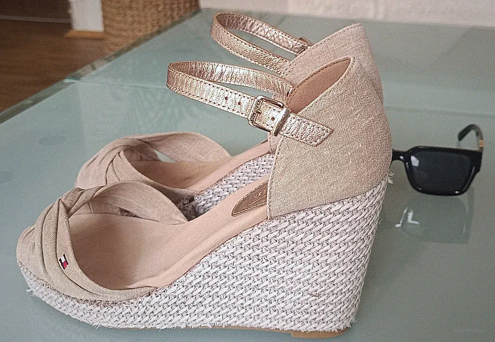 Damen Schuhe Tommy Hilfiger Sandalen Leinen Rosegold High Heel Gr 41