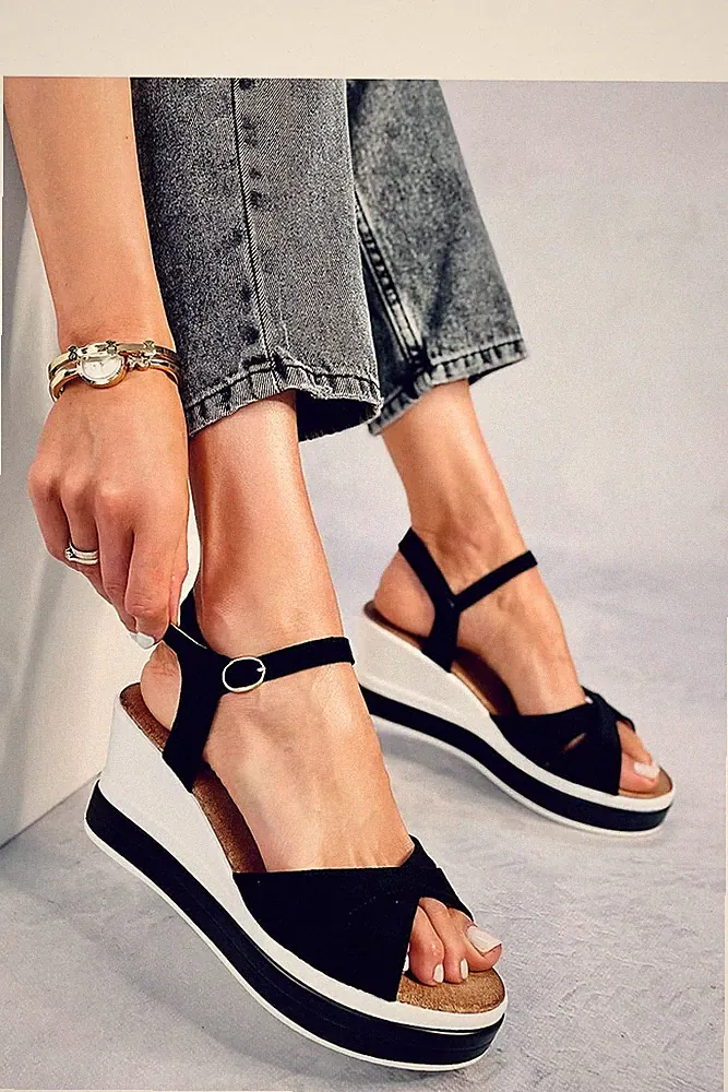 Damen Schwarz Sandalen Open Toe, Keilabsatz High Heel Schwarz Sandaletten Größe 6, 7 EU39 40