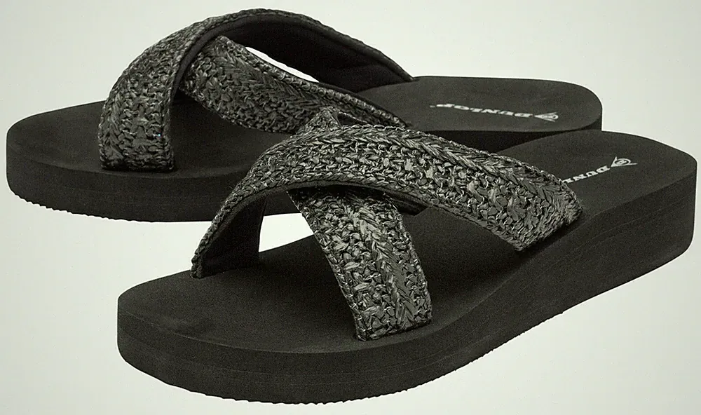 Damen schwarze Sommer Sandalen Dunlop Keilabsatz Strand leicht gewebt Crossover