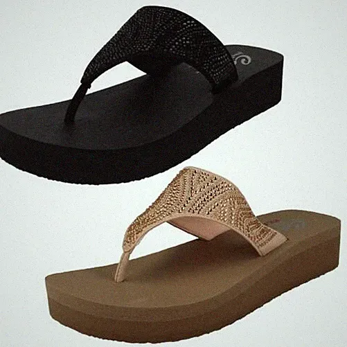 Damen Skechers Zehensteg Plateau Keilabsatz Sandalen Stone Candy 31614