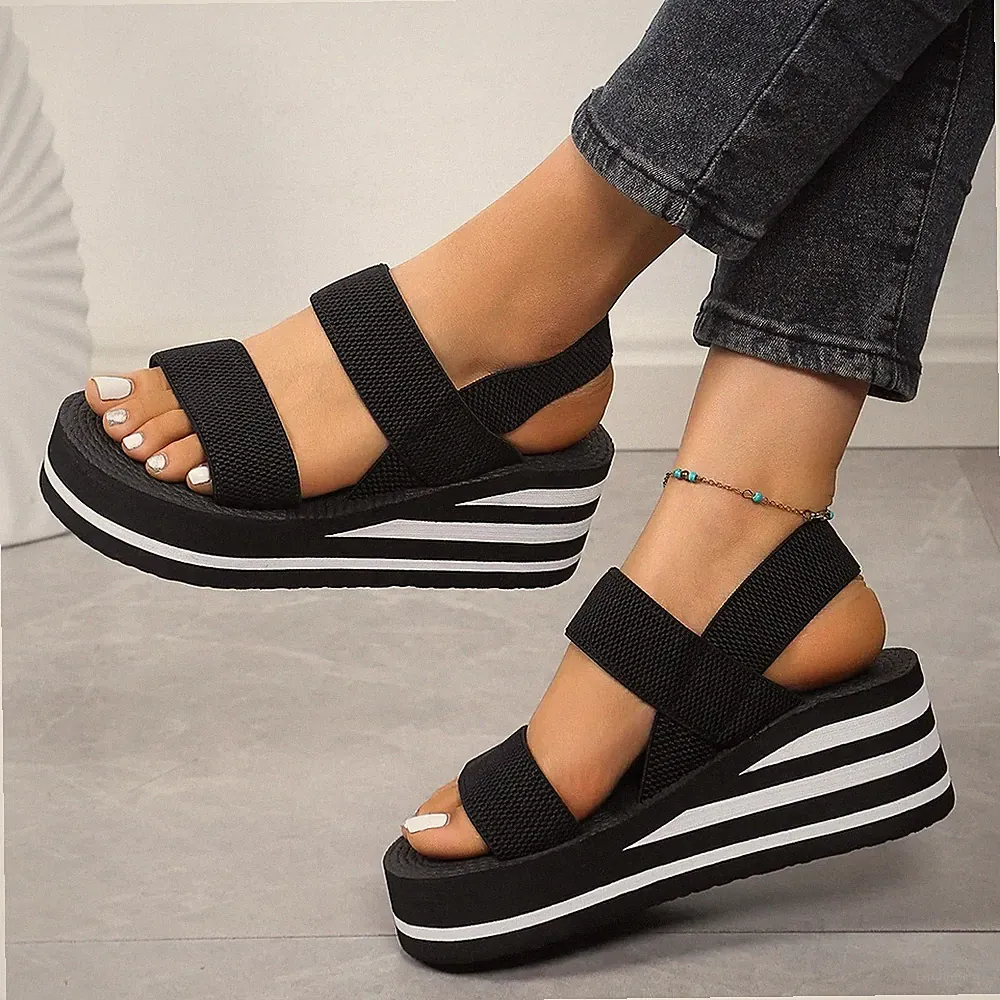 Damen Slingback Keilabsatz Sandalen leicht Sommer Plateau Römer Pantoletten