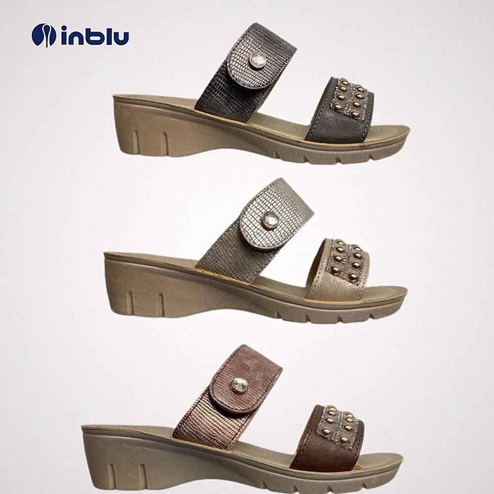 Damen-Slipper InBlu mit Schmucksteinen Diamanten Sommer Urlaub Strand Keilabsätze
