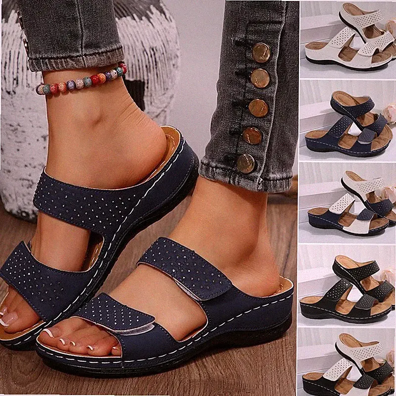 Damen Slipper mit Keilabsatz bequeme dickbesohlte offene Zehenpartie Slipper