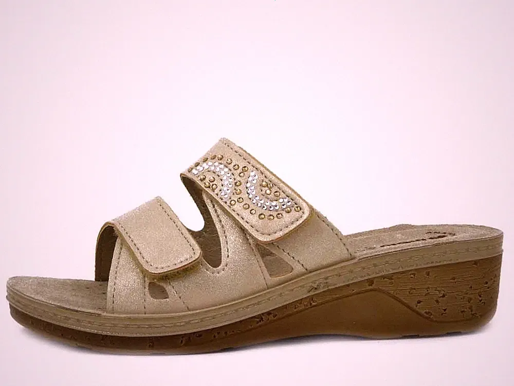 Damen Slipper Öko Leder Beige Platin mit Doppelriemen Niedriger Keilabsatz BLAU