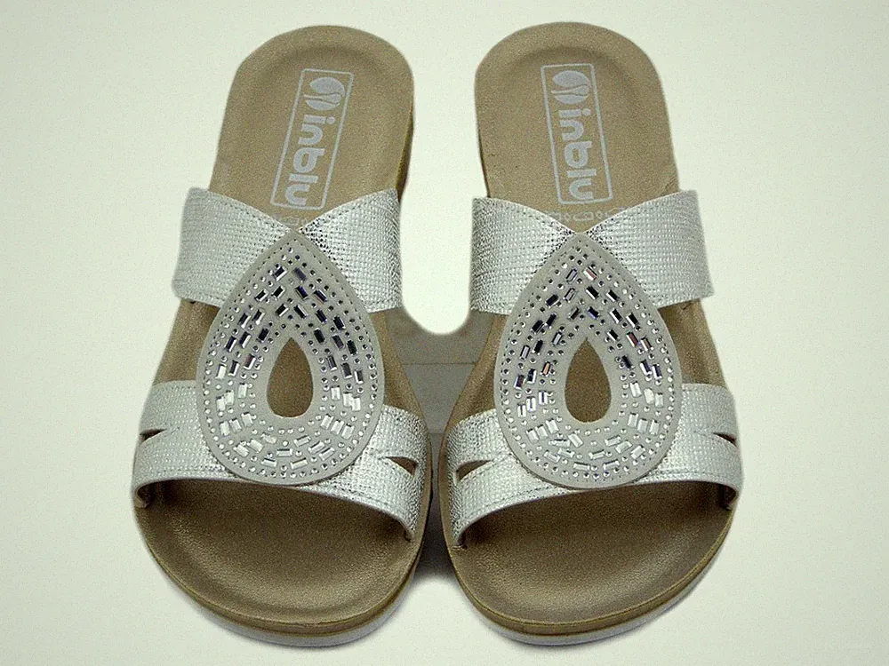 Damen Slipper Öko Leder Silber mit Strass niedriger Keilabsatz 3 cm BLAU