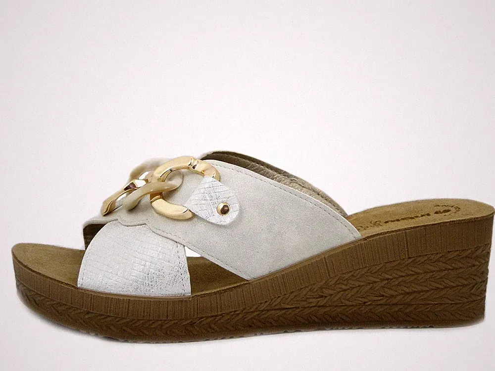 Damen Slipper Öko Leder Weiß Einlegesohle Echtleder Keilabsatz Medium Plateau BLAU