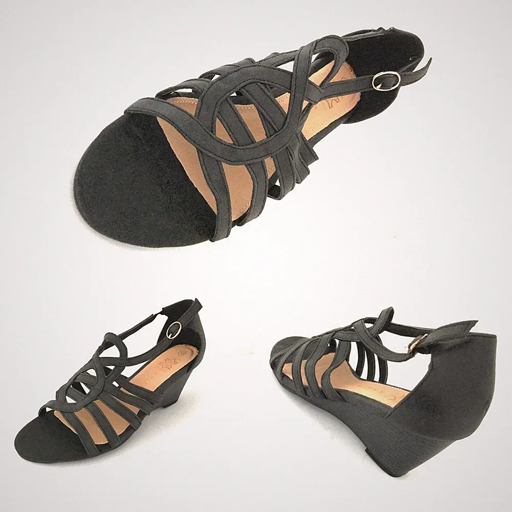 Damen-Slipper schwarz Leder Gladiator Keilabsatz Fersenriemen Pantolette Sandale Schuhgröße