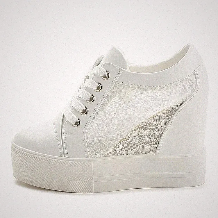 Damen Sneaker Turnschuhe Keilabsatz 11 cm Plateau leicht weiß Spitze 8747