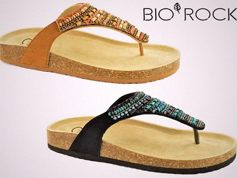 Damen Sommer Fußbett Sandalen Bio Rock Perlen Boho Zehensteg Strand Flip Flops