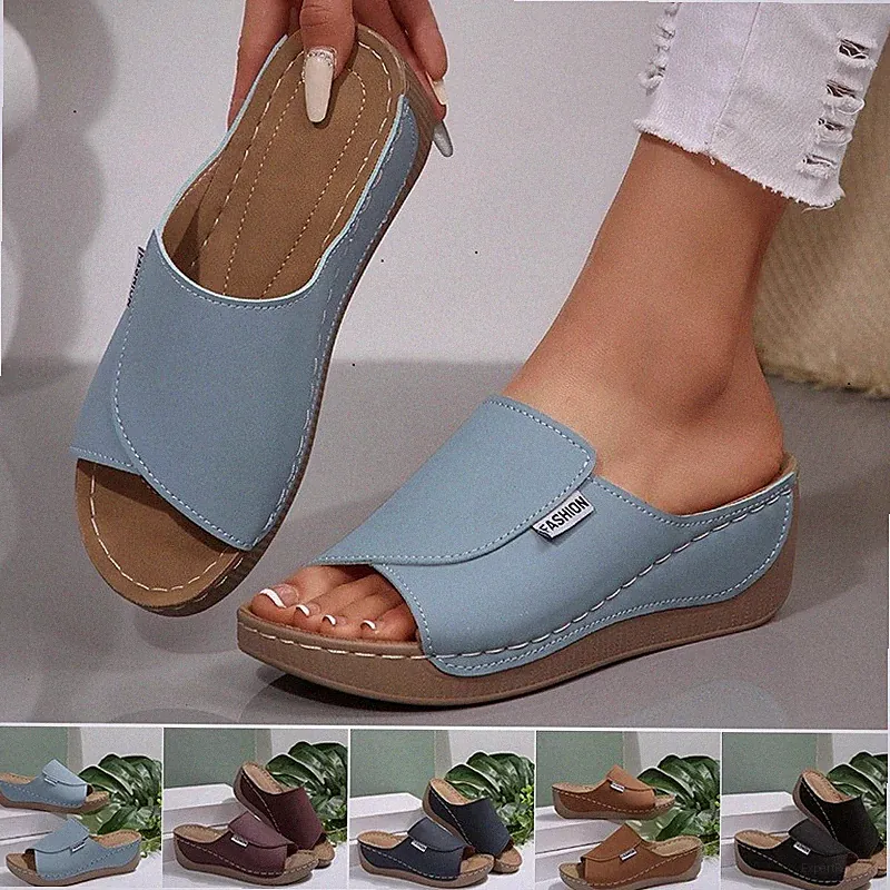 Damen Sommer Keilabsatz Schlappen Freizeit Pantoletten Dicke Sohle Sandaletten