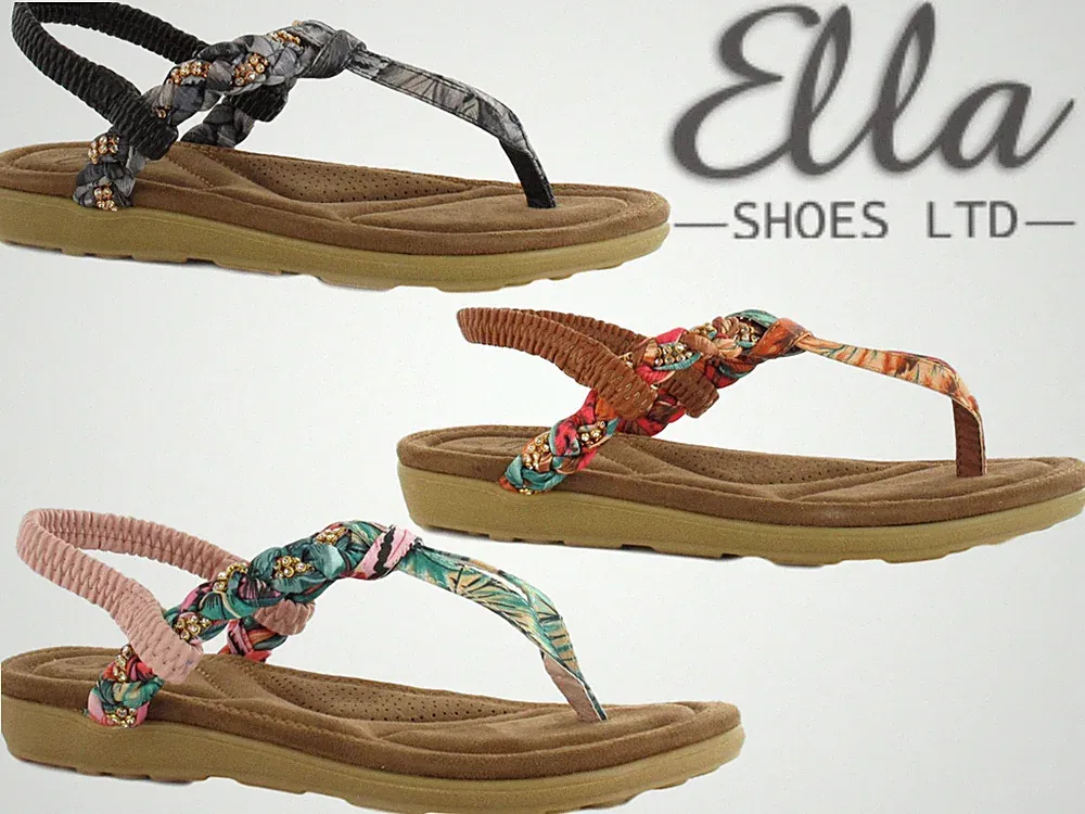 Damen Sommer Sandalen Flip Flops Blumen Riemchen Gummizug Weichbett Ella Schuhe
