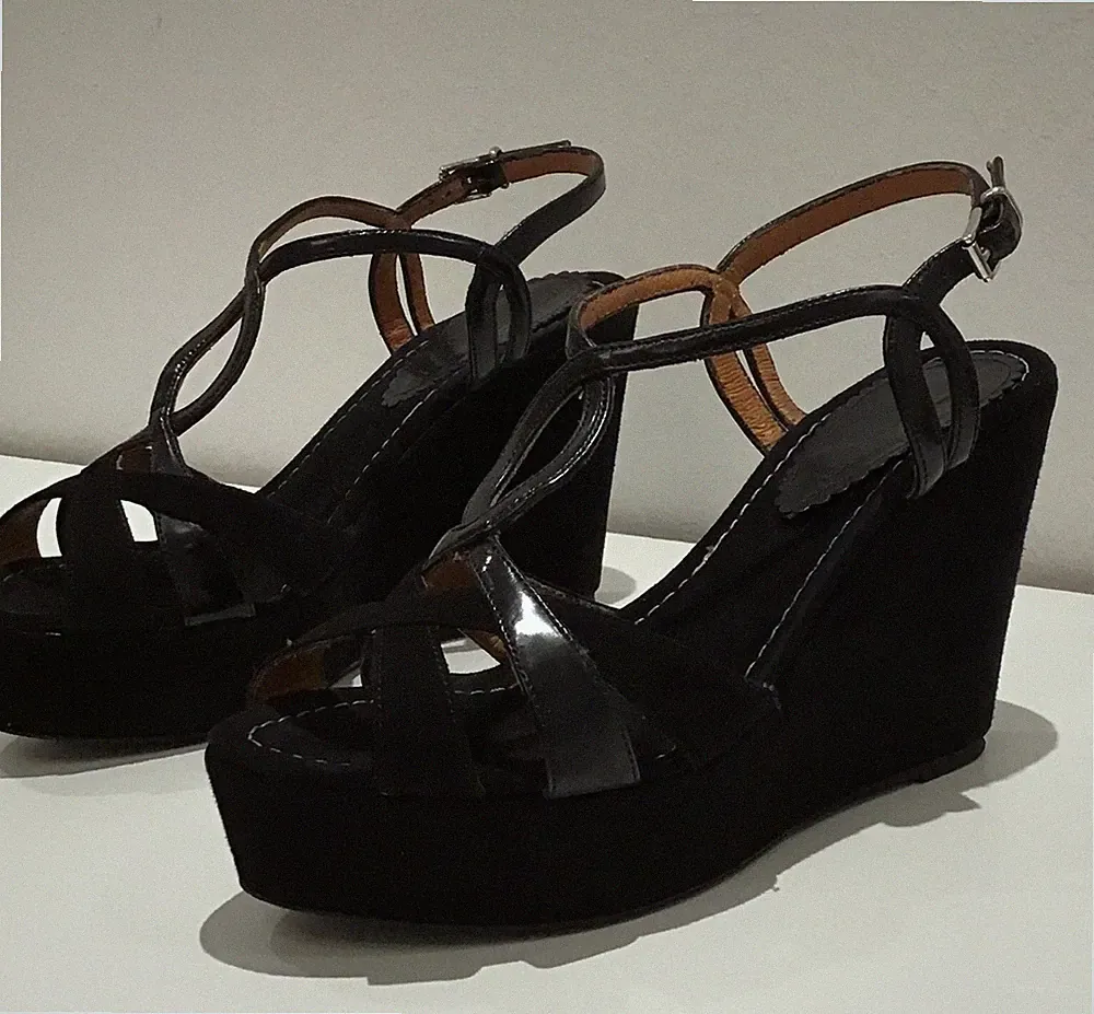 Damen Sommer SchuheGr.38 Schwarz , Keilabsatz, Plattform, echt Leder, Italienisc