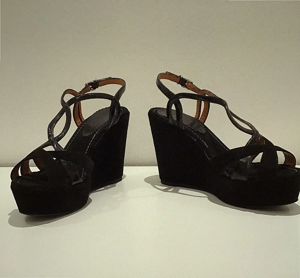 Damen Sommer SchuheGr.38 Schwarz , Keilabsatz, Plattform, echt Leder, Italienisc