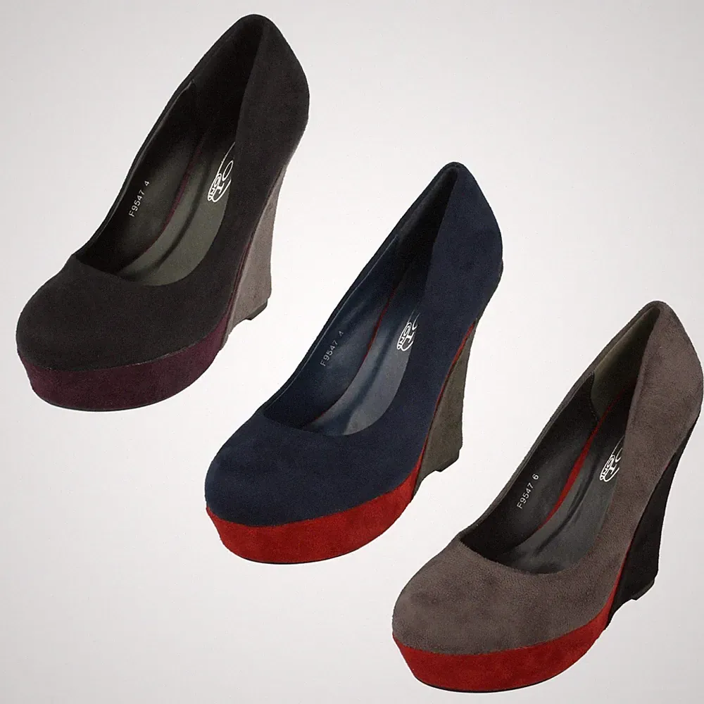 Damen Spot On High Wedge Plattform Court Schuh Slip On Schwarz Grau Navy