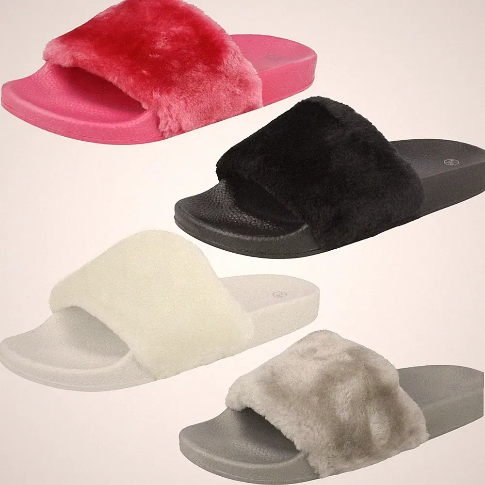 Damen Spot On Kunstfell Sliders Flache Slipper Pantoletten Sandalen Hausschuhe F0R0067