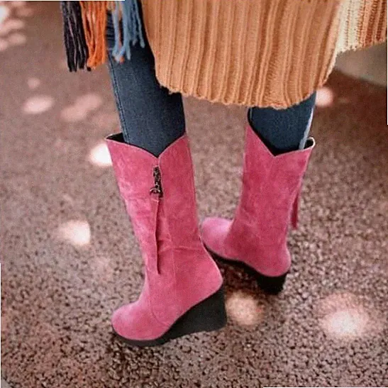 Damen Stiefeletten Biker Wadenlänge Stiefel Falten Keilabsatz Plateau Schuhe