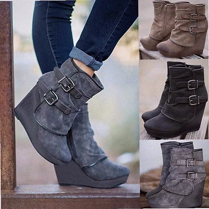 Damen Stiefeletten Chelsea Keilabsatz Plateau Reißverschluss Riemen Schnalle 39