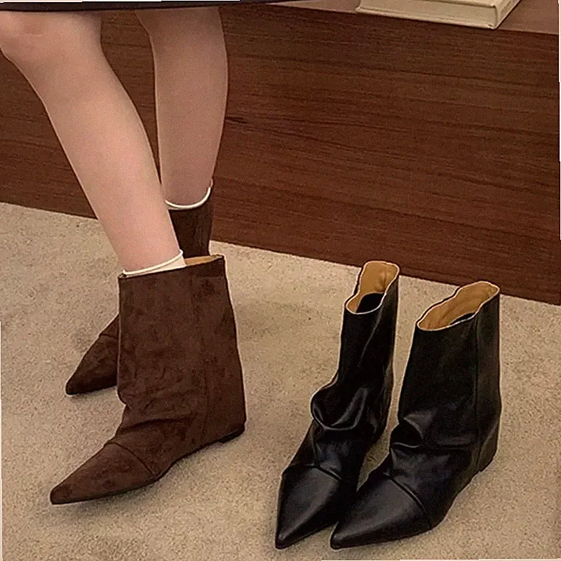 Damen Stiefeletten Schwarz Elegante Spitze Zehenform Keilabsatz