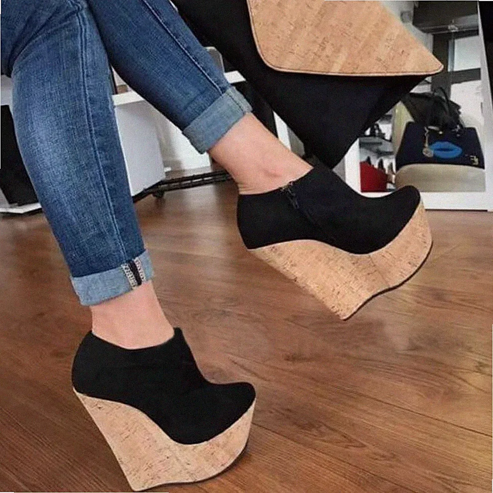 Damen Stiefeletten Stiefel Keilabsatz Plateau Reißverschluss High Heels Pumps