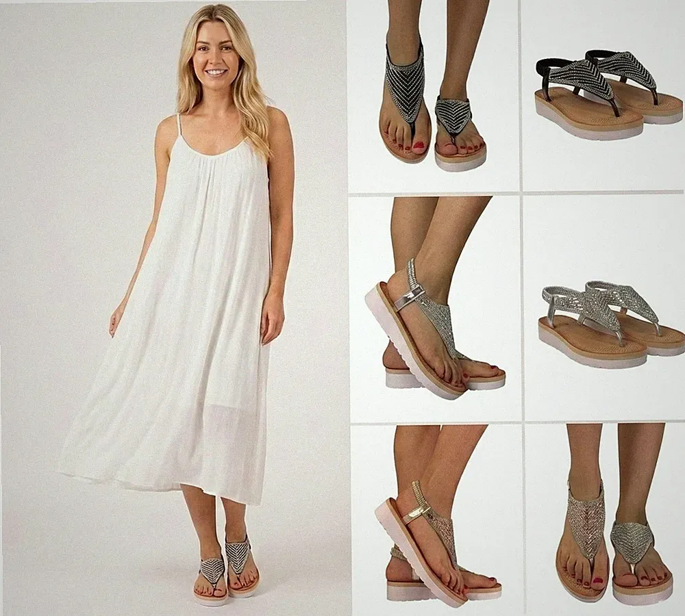 Damen Strass Zehensteg Gladiator Sandalen funkelnd Strand Sommer Flatforms