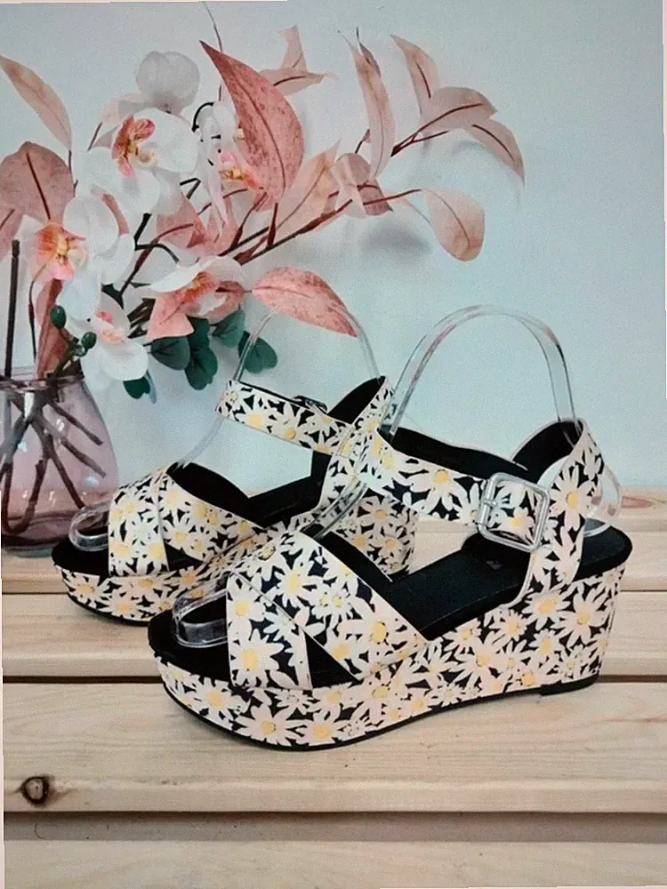 Damen Topshop Hippie Gänseblümchen Keilabsatz Riemchen Plateau Sandalen Schuhe UK 3 EU 36