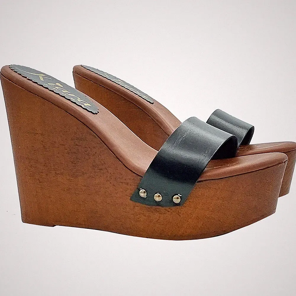 Damen Wedges Mit Schwarzem Lederband Und 13 Cm Bequemem Absatz - KZ3102 SCHWARZ