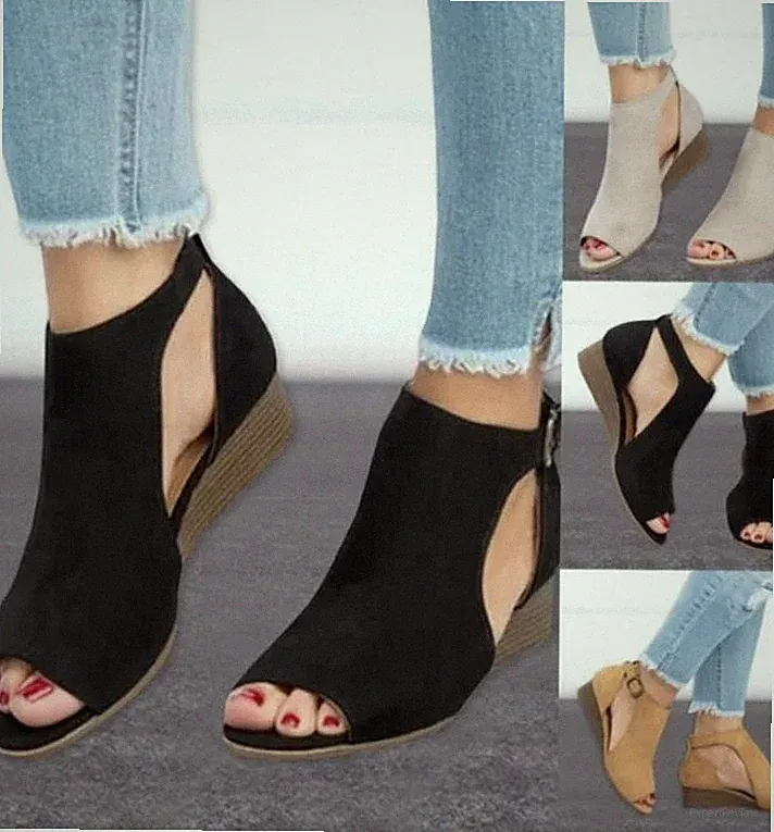 Damen Wildleder Keilabsatz Knöchel Sandalen Sommer Band Schnalle Peep Toe Schuhe