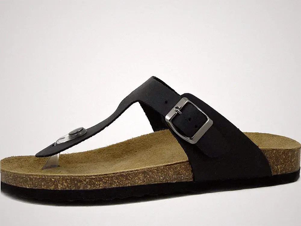Damen Zehentrenner Leder schwarz mit Schnalle Free Life