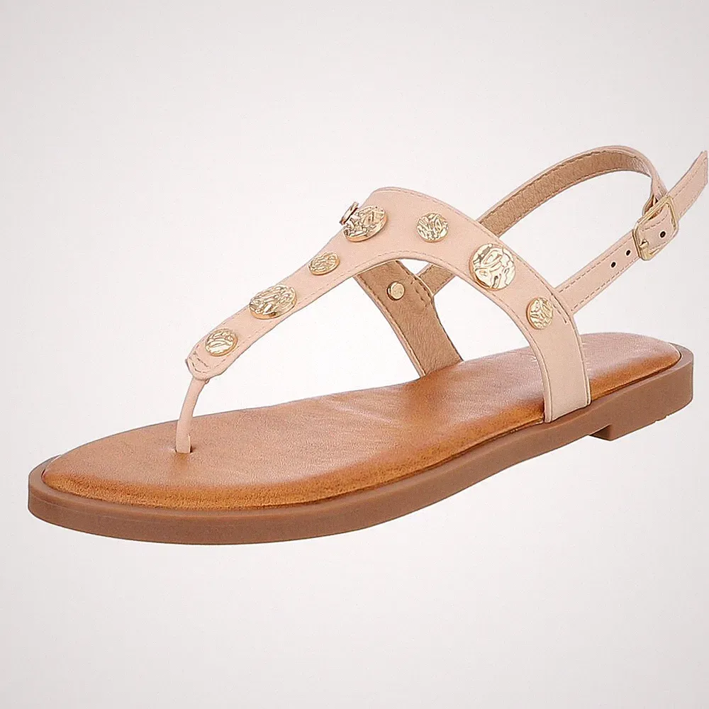 Damen Zehentrenner mit Nieten und Knöchelriemen Ital-Design 3181 in Beige