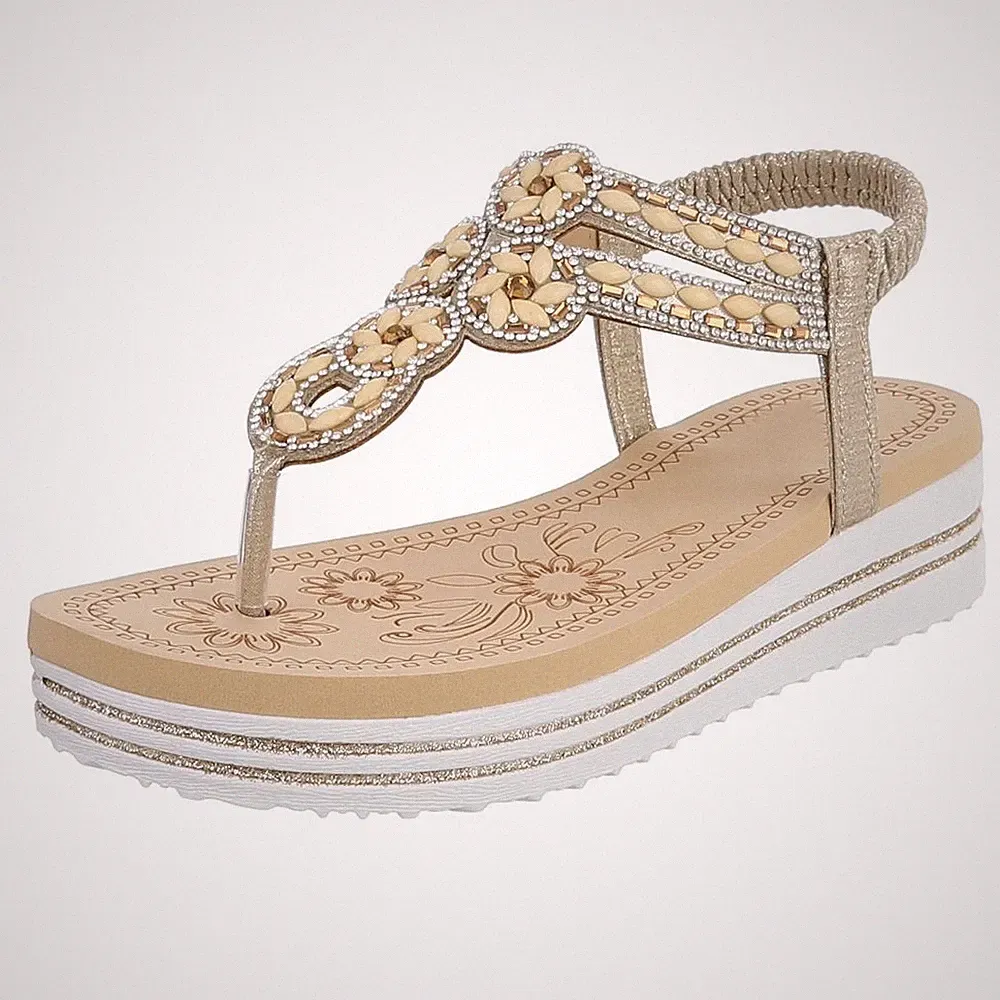 Damen Zehentrenner mit Strass und Knöchelriemen Ital-Design 8946 in Gold