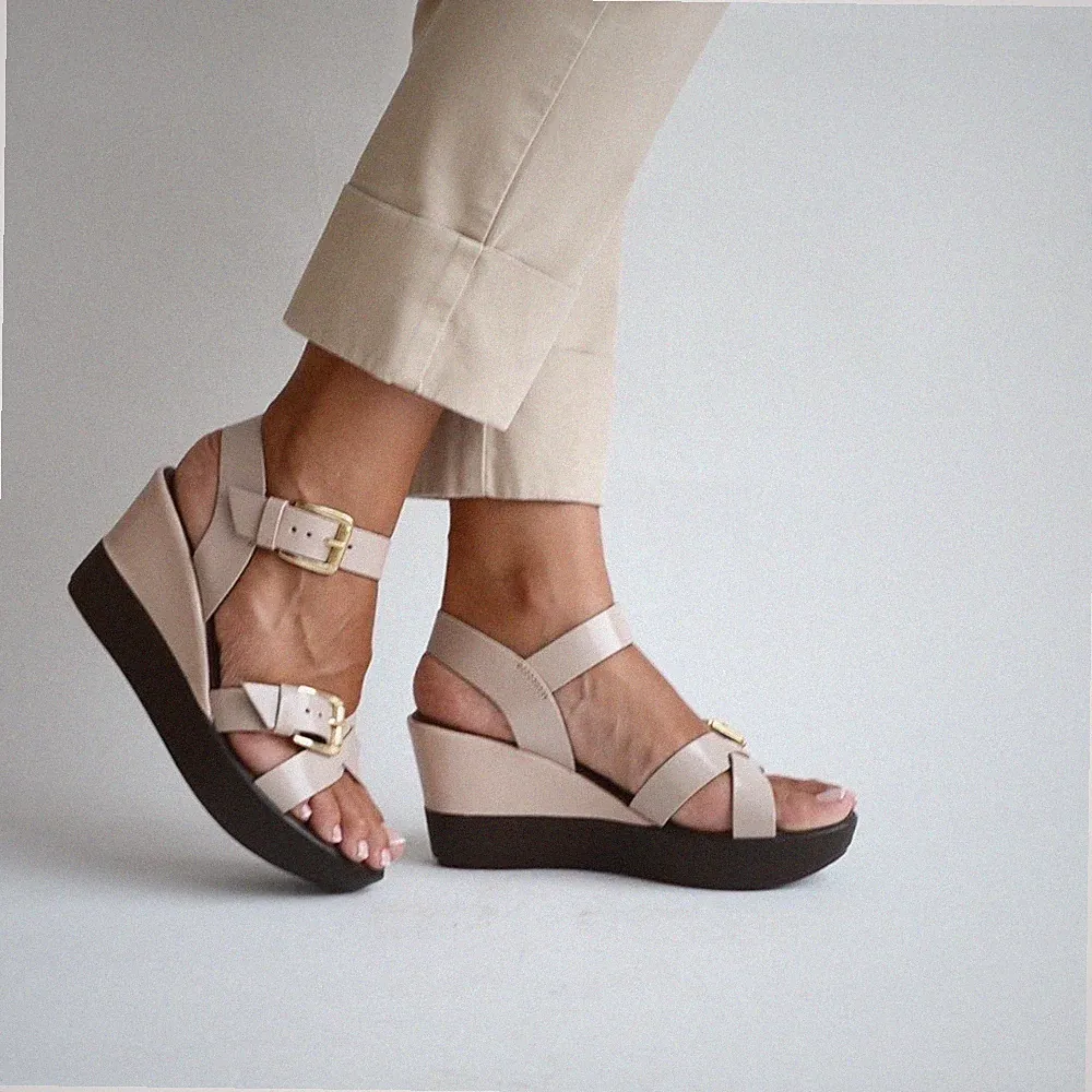 Damensandalen Italien Plateau Keilabsatz Leder Rosa Gr 37 NP:52,00