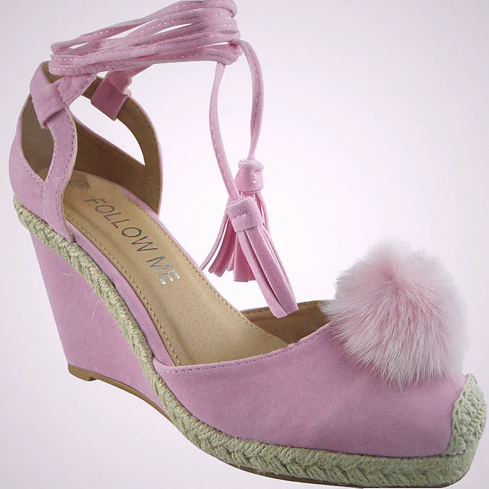 Damensandalen Keilabsatz Espadrilles Damen Bommel Bommel Fell Plateau Strand Party Flache Form
