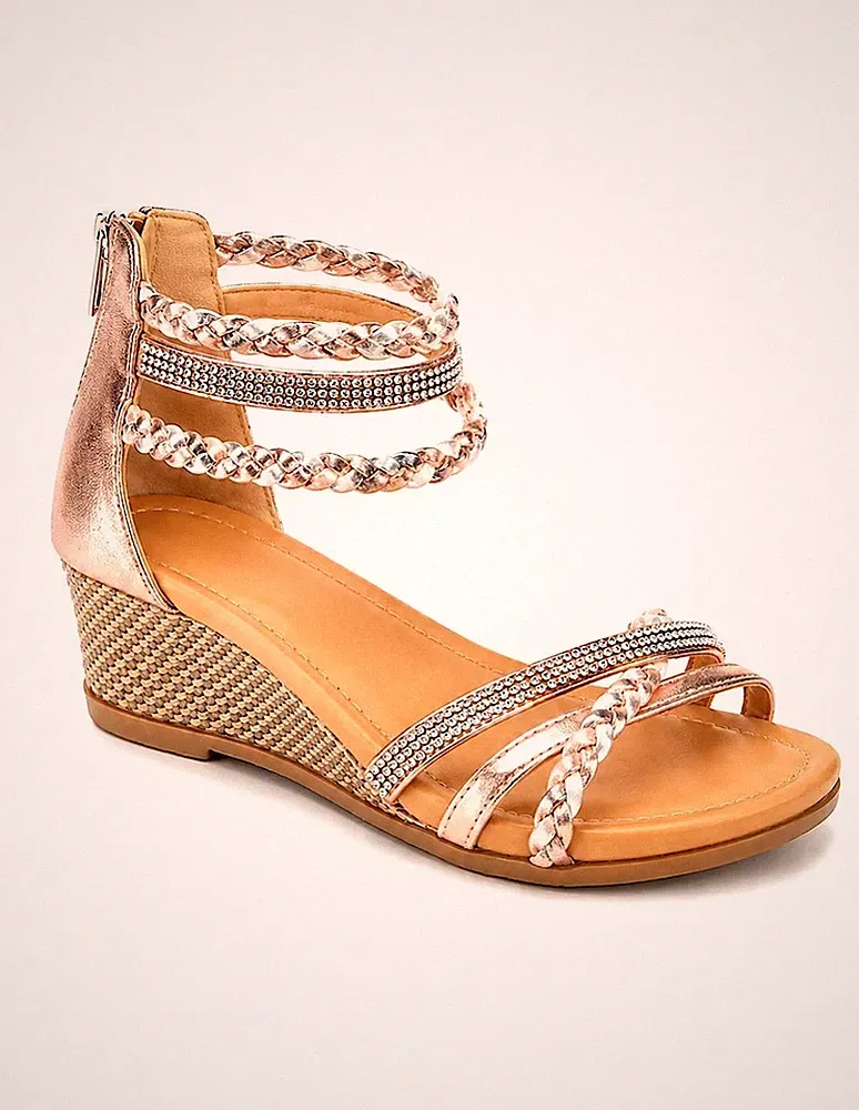 DamenSandalen mit Keilabsatz, Knöchelriemen, geflochten & Strass, Rosa, 39 EU